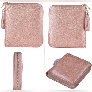 Pink Glitter Credit Card Holder Wallet Zip Leather Card Case RFID Blocking